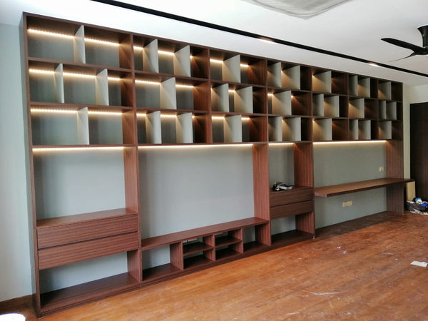 TV Feature Wall Landed House Singapore with Pigeon Hole TV Console Study Table in Wood