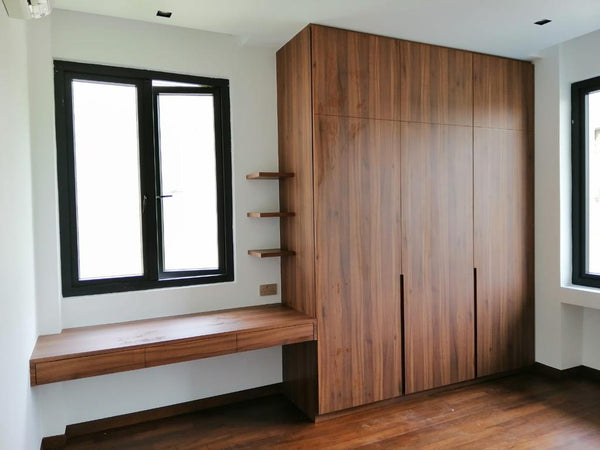 singapore landed house bedroom built-in wardrobe desk study set brown laminate wood casement door homeshake oppolia carpentry