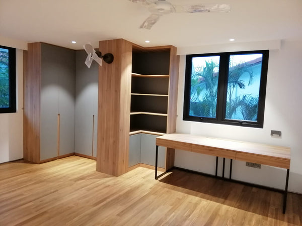 singapore landed house l-shape wardrobe desk study area grey doors wood laminate carcass parquet floor homeshake carpentry