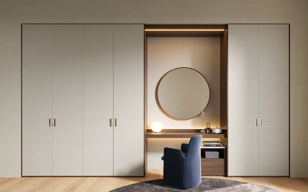 wardrobe in singapore condo with japandi style, beige doors, light wood