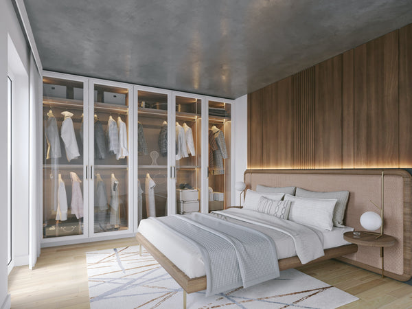 high ceiling master bedroom in singapore condo with casement door wardrobe with aluminium frame glass doors display
