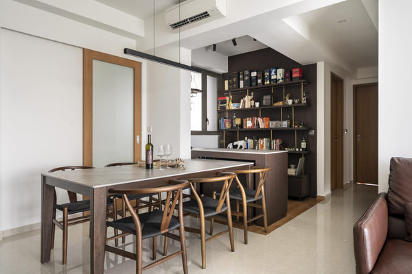 dining room dry pantry in singapore condo with kitchen cabinet, dining table can pull out to extend and kitchen island stone