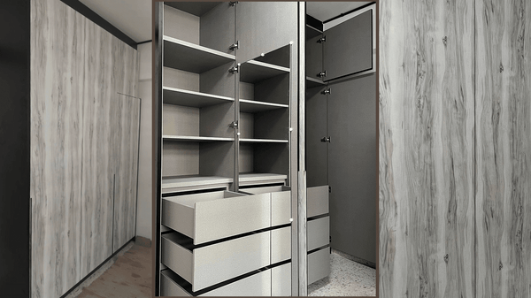 full-height fitted custom-made wardrobe internal in grey melamine with carpentry drawers, adjustable shelves, hanging rods