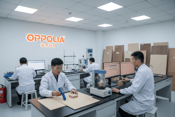 scientists testing the properties of oppolia's formaldehyde-free panels to ensure they meet E0, ENF standards for Singapore