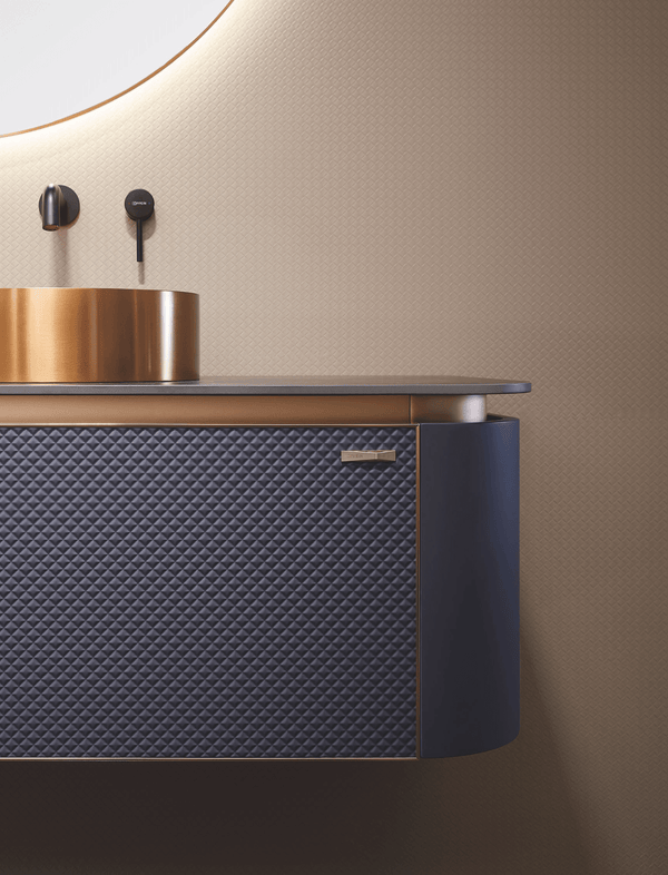 Bathroom Vanity Classic Series - HomeShake, Brass basin and brass accents with curved purple cabinet wall mounted mirror