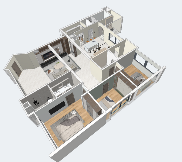 3D floor plan of a modern apartment layout on a white background
