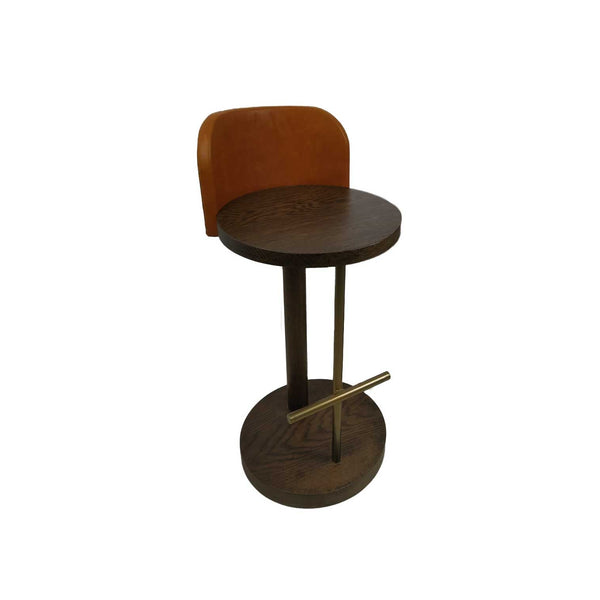 solid oak wood bar stool custom made by homeshake in singapore with leather clad backrest and bronze footrest