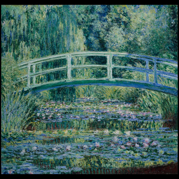 Painting of a bridge over water lilies with greenery around. Giverny house Monet 
