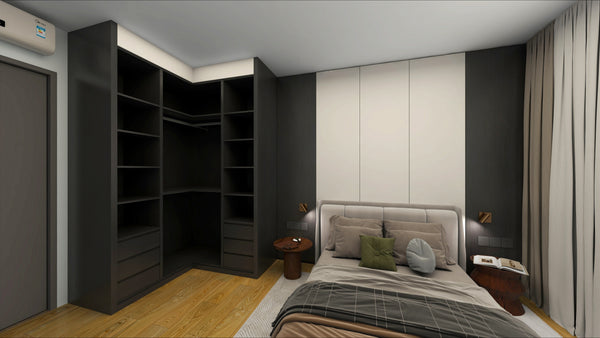 Modern bedroom with large wardrobe and bed. Black wood and off white doors. Full height paneling. Drawers. 