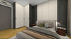 Modern bedroom with a bed, nightstands, and wall-mounted air conditioner.