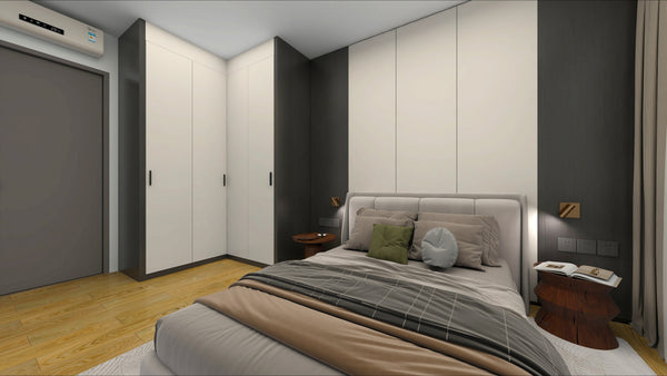 Modern bedroom with a bed, nightstands, and wall-mounted air conditioner.
