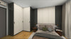 Modern bedroom with a bed, wardrobe, and side table. L shape wardrobe. Black wood and cream wood with queen size bed.