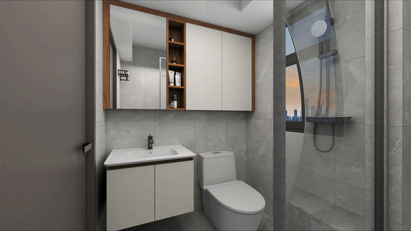 Modern bathroom with sink, toilet, and shower area. Using Oppolia Formaldehyde-Free Carpentry with Integrated Ceramic Sink and Copper-Free Mirrors.
