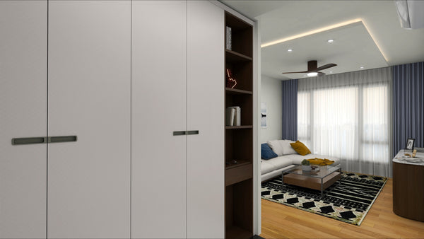 shoe cabinet covering a bombshelter in a hdb bto flat in singapore with cove lights false ceiling beige brown
