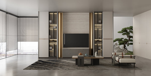 Modern living room with a large TV console feature wall and decorative shelves.