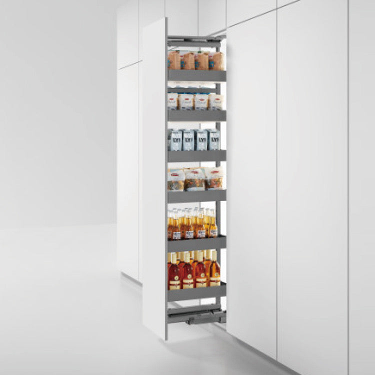 Tall slim pantry with shelves stocked with food items in a modern kitchen.