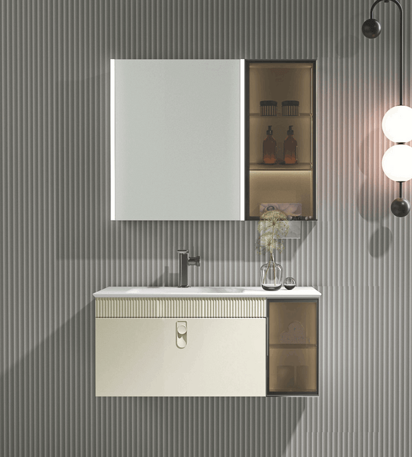 Bathroom vanity with mirror and lighting fixture on a striped wall. Powder-coating finish. sintered stone countertop with integrated basin. display with glass door with aluminum frame. fluted panel.