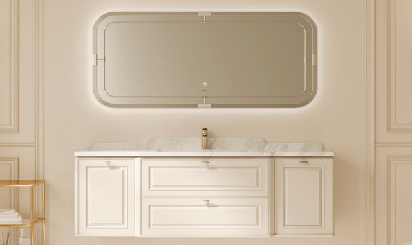 Bathroom vanity with a large mirror above it in a beige-walled room. Thermofoil PVC finish with natural marble stone countertop and undercounter basin size 160 cm