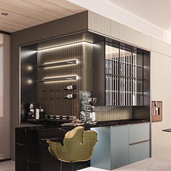 Modern kitchen with black island, green chair, and wine rack, featuring Oppolia brand.