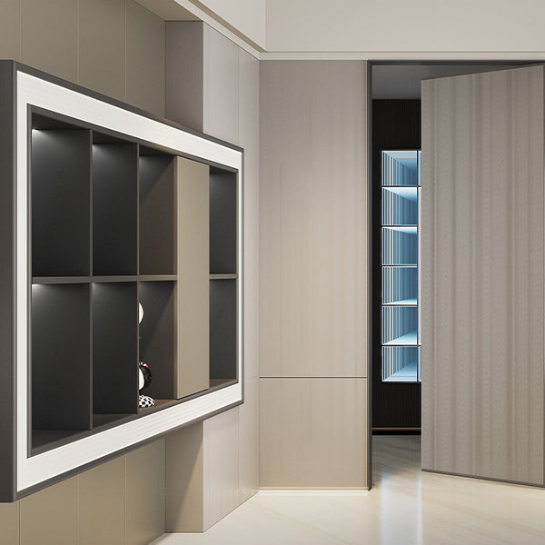 Modern interior design with a wall-mounted shelf and open cabinet, featuring the brand Oppolia Singapore