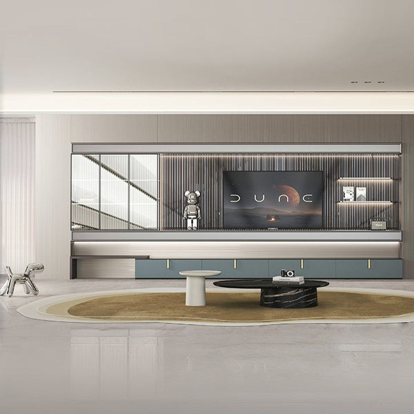 Modern living room with a large TV and 'Oppolia' branding.