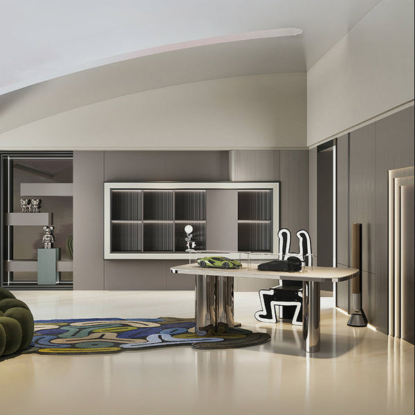 Modern living room with a stylish sofa, coffee table, and decorative items.