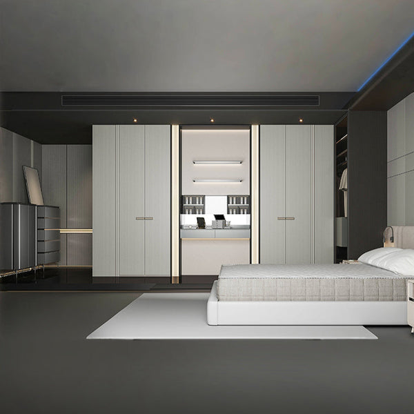 Modern bedroom with gray bedding and furniture, featuring the brand Oppolia Singapore.