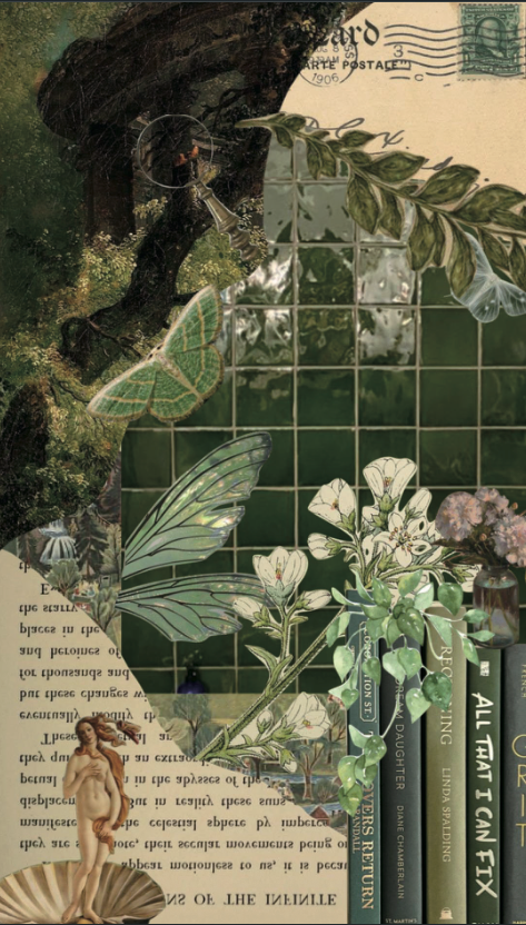 A vintage-style collage artwork featuring a green dragonfly, white flowers, old books, newspaper text, a postage stamp, and a small classical statue on a beige background with dark green tiled areas.