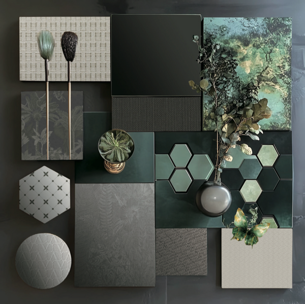 Oppolia Singapore's official mood-board for the whole-house concept Monika Series with green and earth tones using pvc finish and shaker design