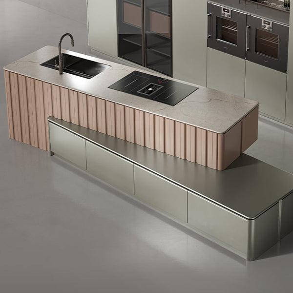 Modern kitchen counter with sink and stove, featuring Oppolia brand.