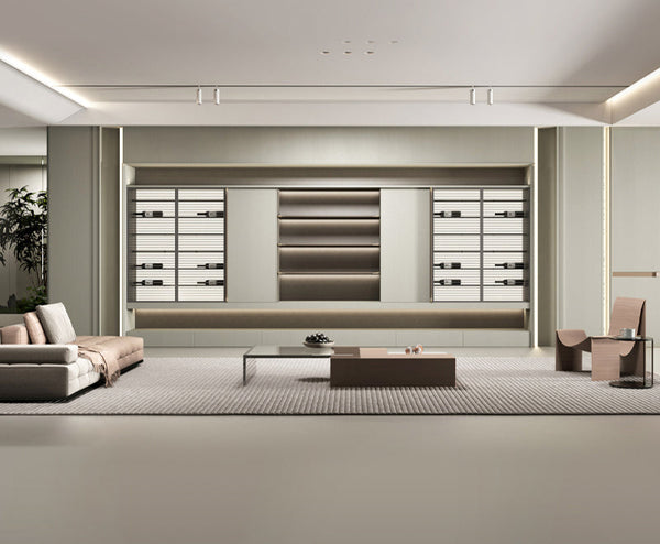 Modern living room with neutral tones and Oppolia branding.