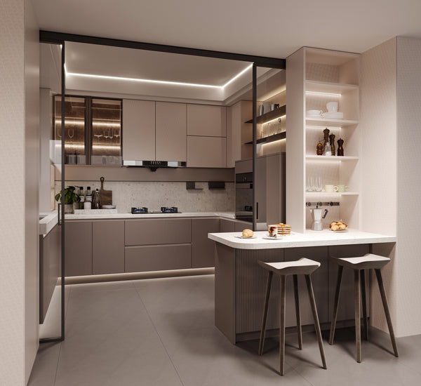Modern kitchen with island and bar stools, featuring neutral tones and sleek design.