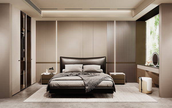 Modern bedroom with a bed, wardrobe, and desk.