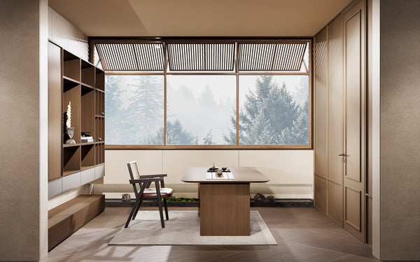 Modern office interior with wooden furniture and large windows overlooking trees