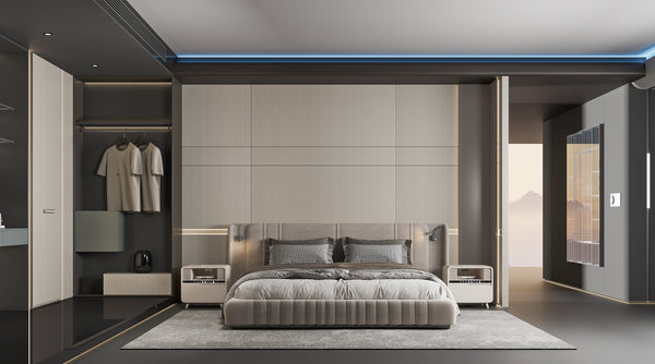 Modern bedroom with a bed, nightstands, and wall-mounted cabinets.