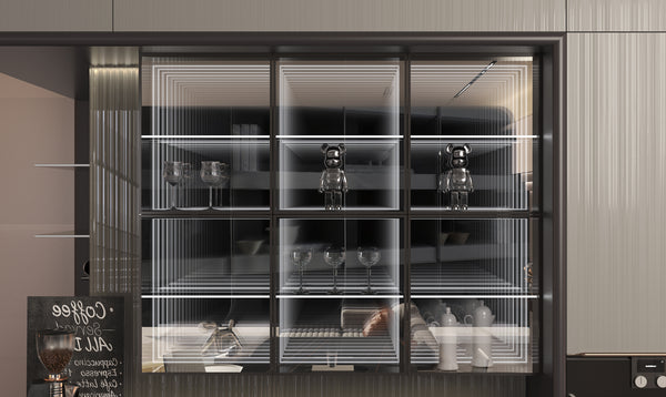 Modern wine cellar with glass doors displaying bottles.