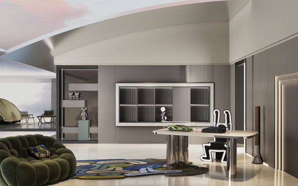 Modern living room with a green sofa, coffee table, and decorative items.