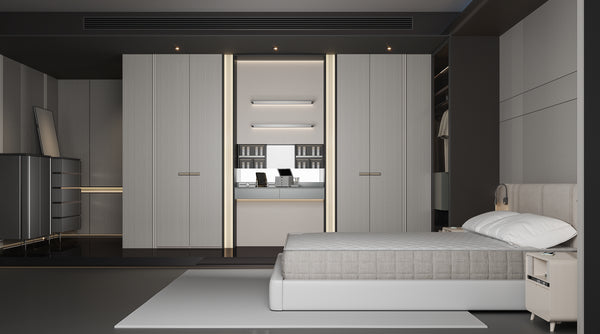 Modern bedroom with gray bed and wardrobe