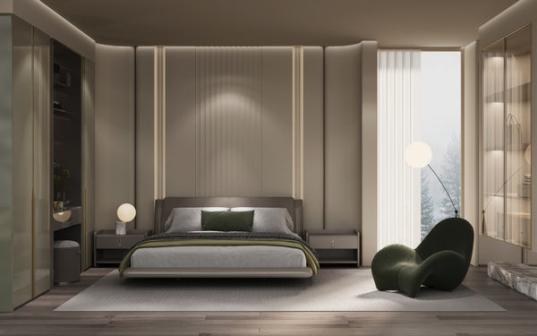 Modern bedroom with a bed, lamp, and decorative chair. Singapore wardrobe and headboard for condo or HDB BTO landed house 