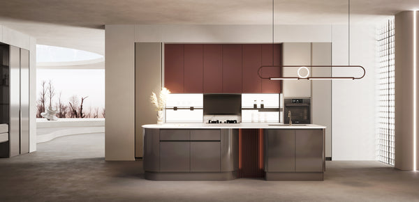 Modern kitchen with wooden cabinets and a large island.