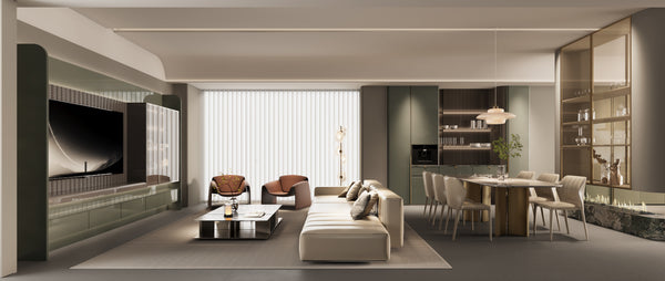 Modern living room with a dining area in a stylish home interior. Laquered Doors.