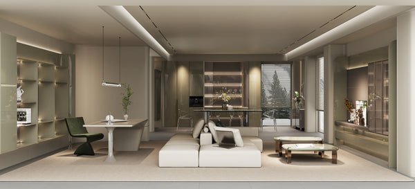 Modern living room with white furniture and neutral decor