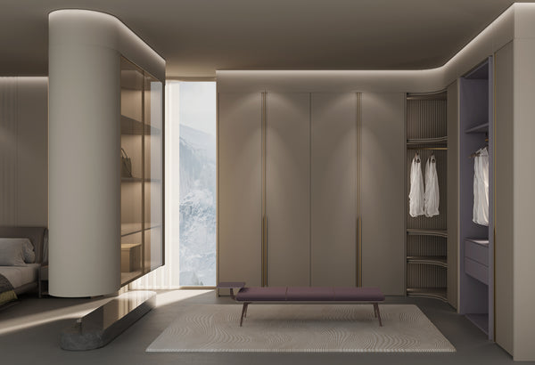 Modern bedroom with wardrobe, bed, and bench near a window with mountain view.