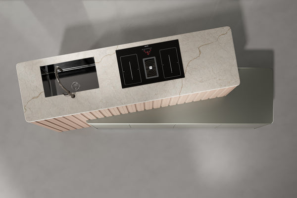 Modern kitchen island with marble countertop and built-in appliances on a gray background