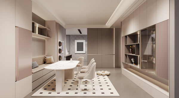 Modern interior design of a living room with a dining area.