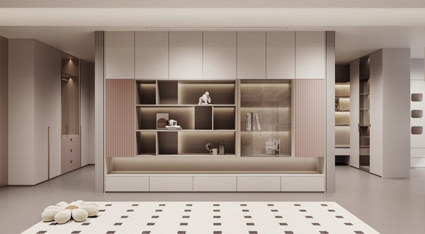 Modern interior design with a large wall-mounted shelf unit in a neutral color scheme.