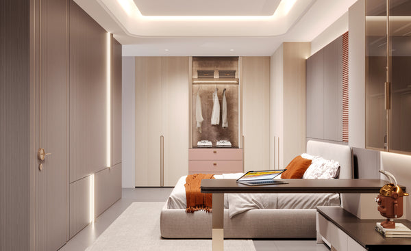 Modern bedroom with wardrobe, bed, and table.