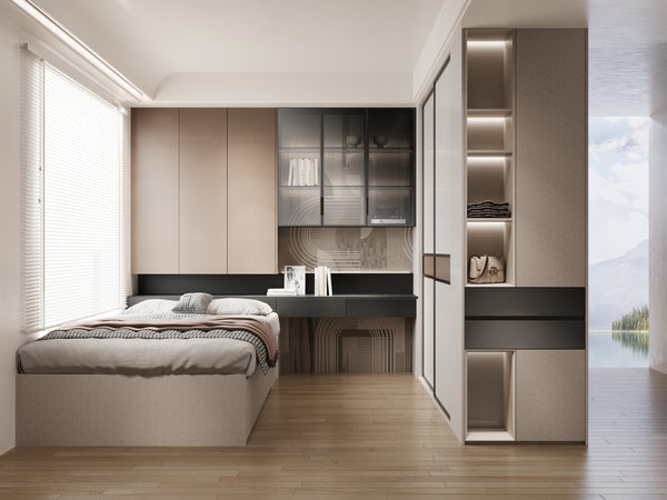 Modern bedroom with a bed, desk, and wall-mounted shelves.