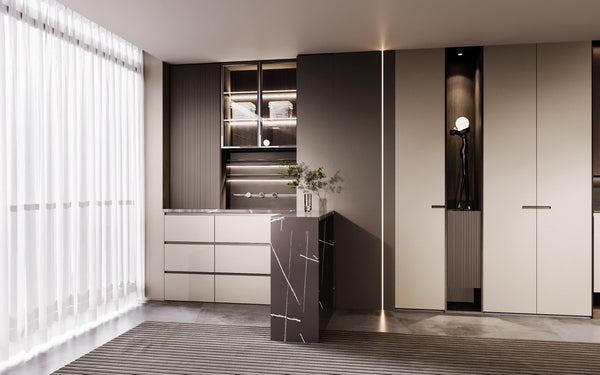Modern kitchen interior with sleek cabinetry and a large window.