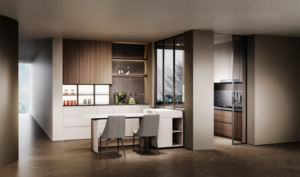 Modern kitchen with wooden cabinets, white countertops, and a dining area.